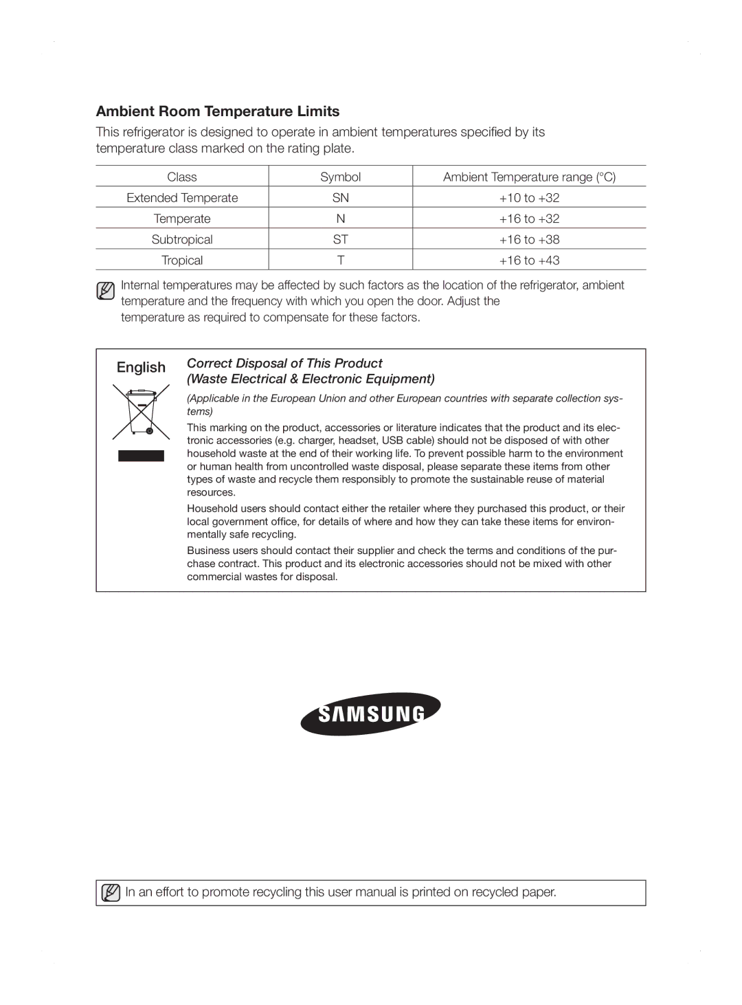 Samsung RL41WCPS1/XEH, RL41WCPS1/BUL, RL44ECIH1/EUR, RL44ECIH1/XEK, RL41HCIH1/EUR manual Ambient Room Temperature Limits 