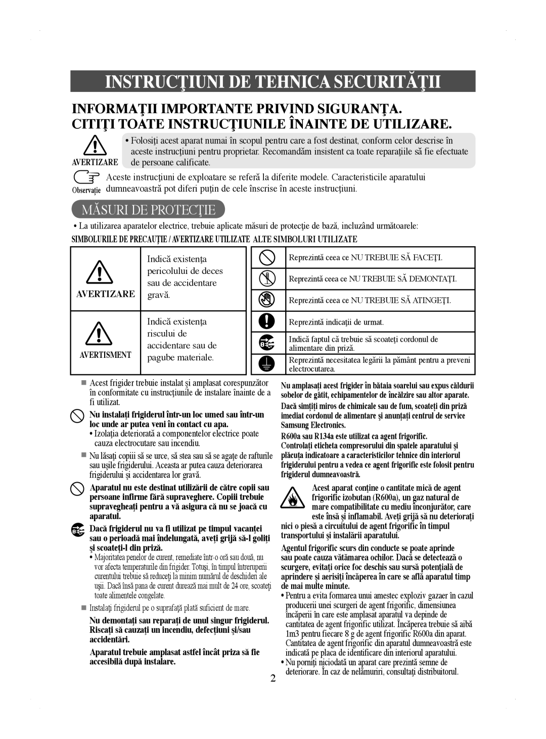 Samsung RL44ECIH1/EUR, RL41WCPS1/BUL, RL44ECIH1/XEK, RL41HCIH1/EUR, RL44WGTB1/BUL manual Instrucţiuni DE Tehnica Securităţii 