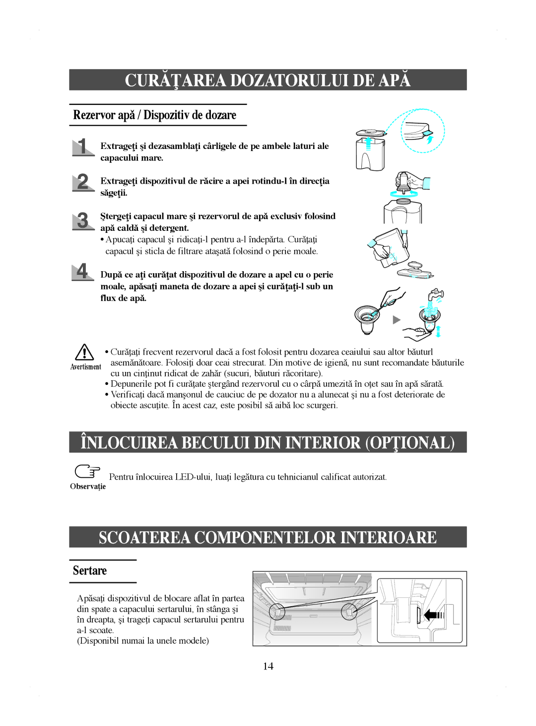 Samsung RL41WCPS1/XEH, RL41WCPS1/BUL, RL44ECIH1/EUR, RL44ECIH1/XEK manual Rezervor apǎ / Dispozitiv de dozare, Sertare 