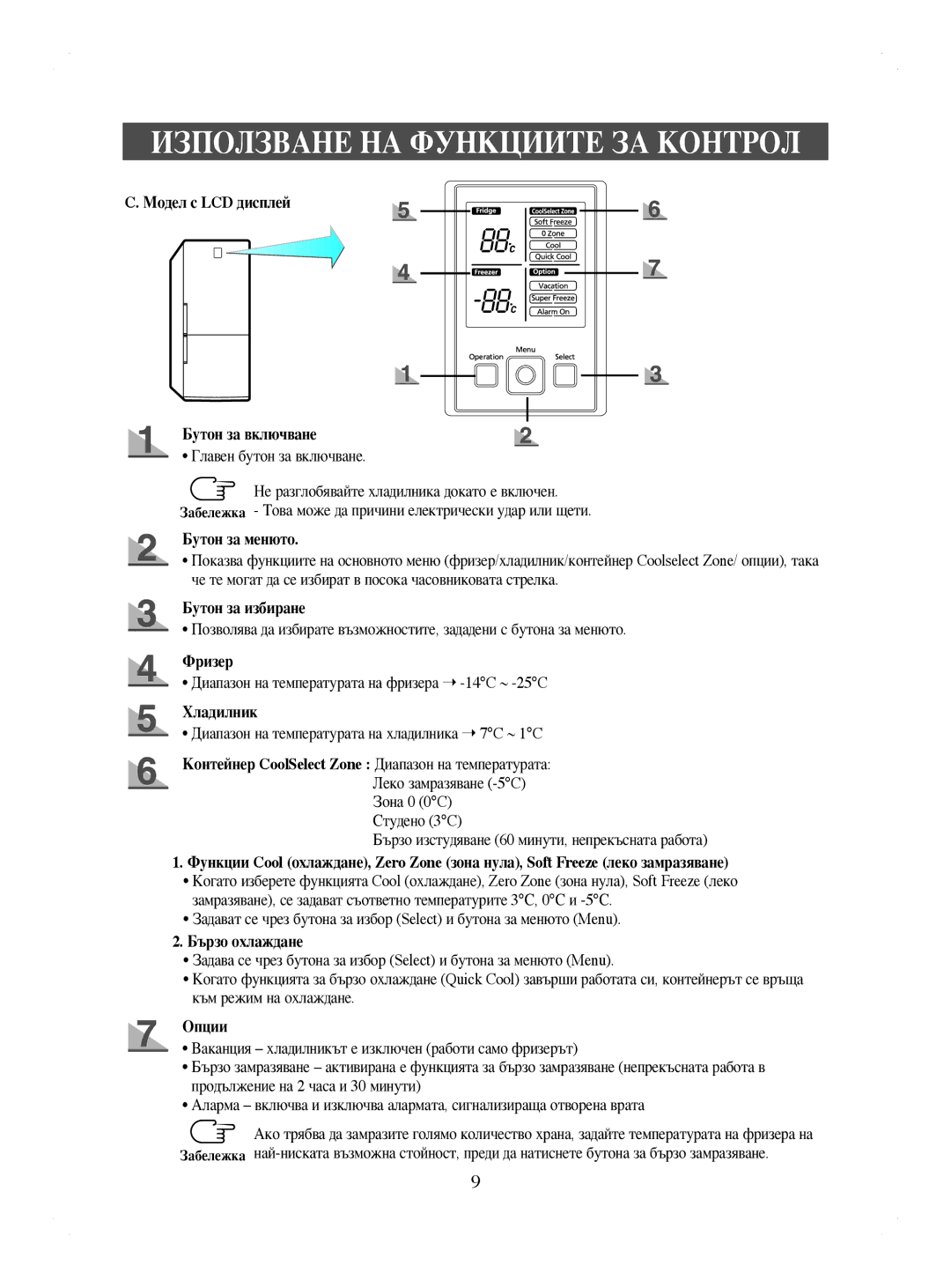 Samsung RL41WCPS1/BUL Модел с LCD дисплей Бутон за включване, Бутон за менюто, Бутон за избиране, Фризер, Хладилник, Опции 