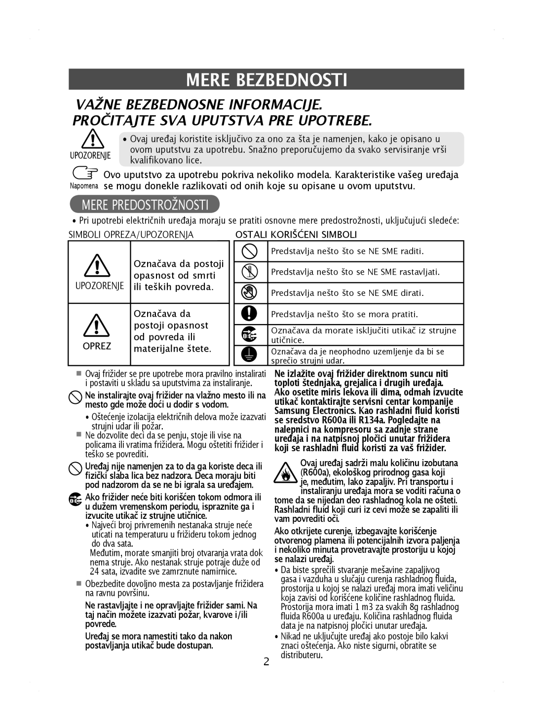 Samsung RL41WCPS1/XEH, RL41WCPS1/BUL, RL44ECIH1/EUR, RL44ECIH1/XEK, RL41HCIH1/EUR, RL44WGTB1/BUL manual Mere Bezbednosti 