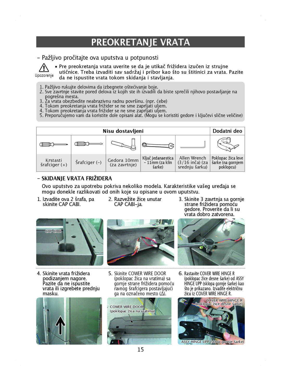 Samsung RL41HCIH1/XEH, RL41WCPS1/BUL, RL44ECIH1/EUR, RL44ECIH1/XEK manual Preokretanje Vrata, Nisu dostavljeni Dodatni deo 