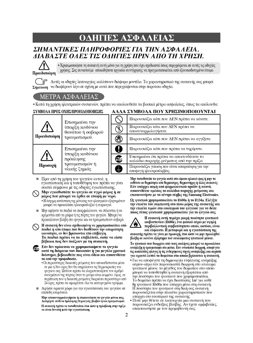 Samsung RL41HCIH1/XEH, RL41WCPS1/BUL, RL44ECIH1/EUR, RL44ECIH1/XEK, RL41HCIH1/EUR, RL44WGTB1/BUL manual Οδηγιεσ Ασφαλειασ 