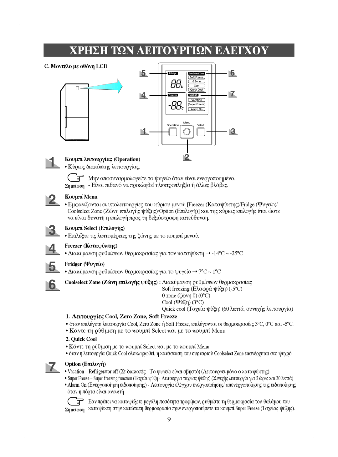 Samsung RL41HCIH1/XEH Μοντέλο με οθόνη LCD Κουμπί λειτουργίας Operation, Κουμπί Menu, Κουμπί Select Επιλογής, Quick Cool 