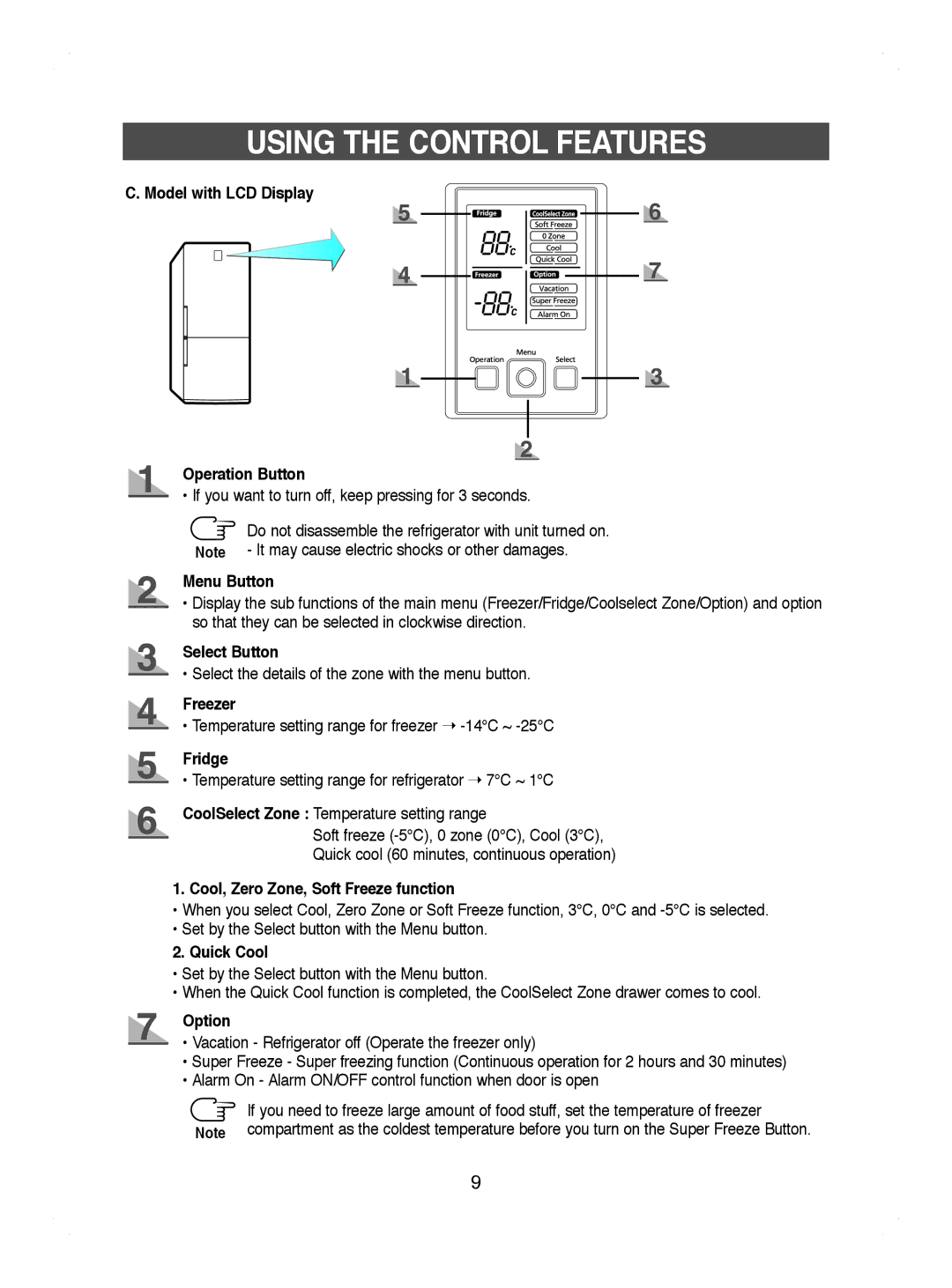 Samsung RL44ECIH1/XEK Model with LCD Display Operation Button, Menu Button, Select Button, Freezer, Fridge, Quick Cool 