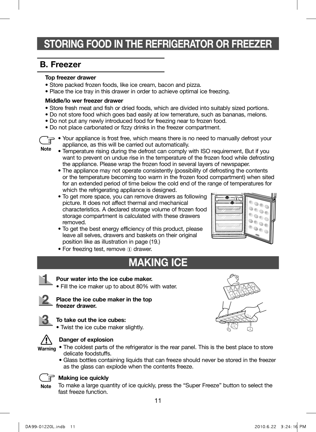 Samsung RL41WCSW1/ELA, RL41WCPS1/ELA, RL41WCSW1/BUL, RL38SBPS1/BUL, RL41WCPS1/BUL, RL41ECPS1/BUL manual Making ICE, Freezer 