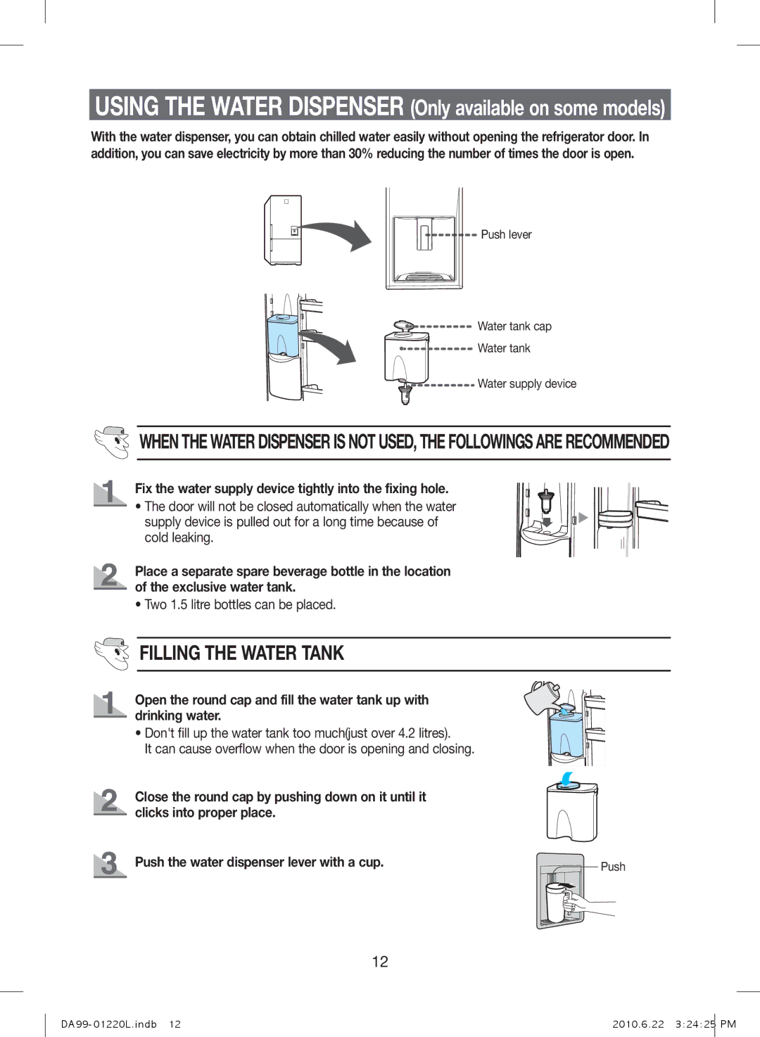 Samsung RL41WCPS1/ELA, RL41WCSW1/ELA manual Filling the Water Tank, Fix the water supply device tightly into the fixing hole 