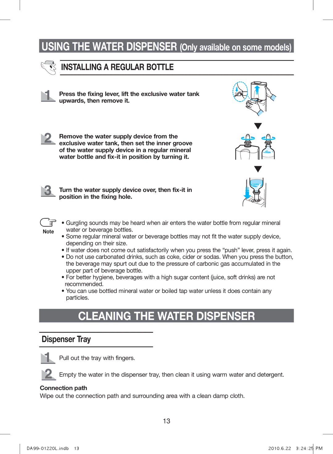 Samsung RL41WCSW1/BUL manual Cleaning the Water Dispenser, Installing a Regular Bottle, Dispenser Tray, Connection path 