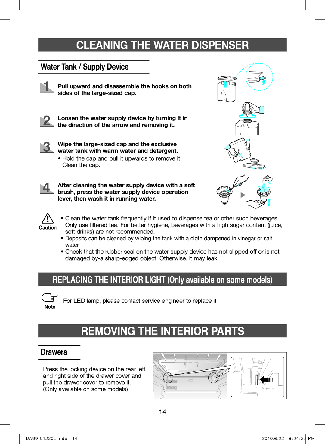 Samsung RL38SBPS1/BUL, RL41WCSW1/ELA, RL41WCPS1/ELA manual Water Tank / Supply Device, Soft drinks are not recommended 