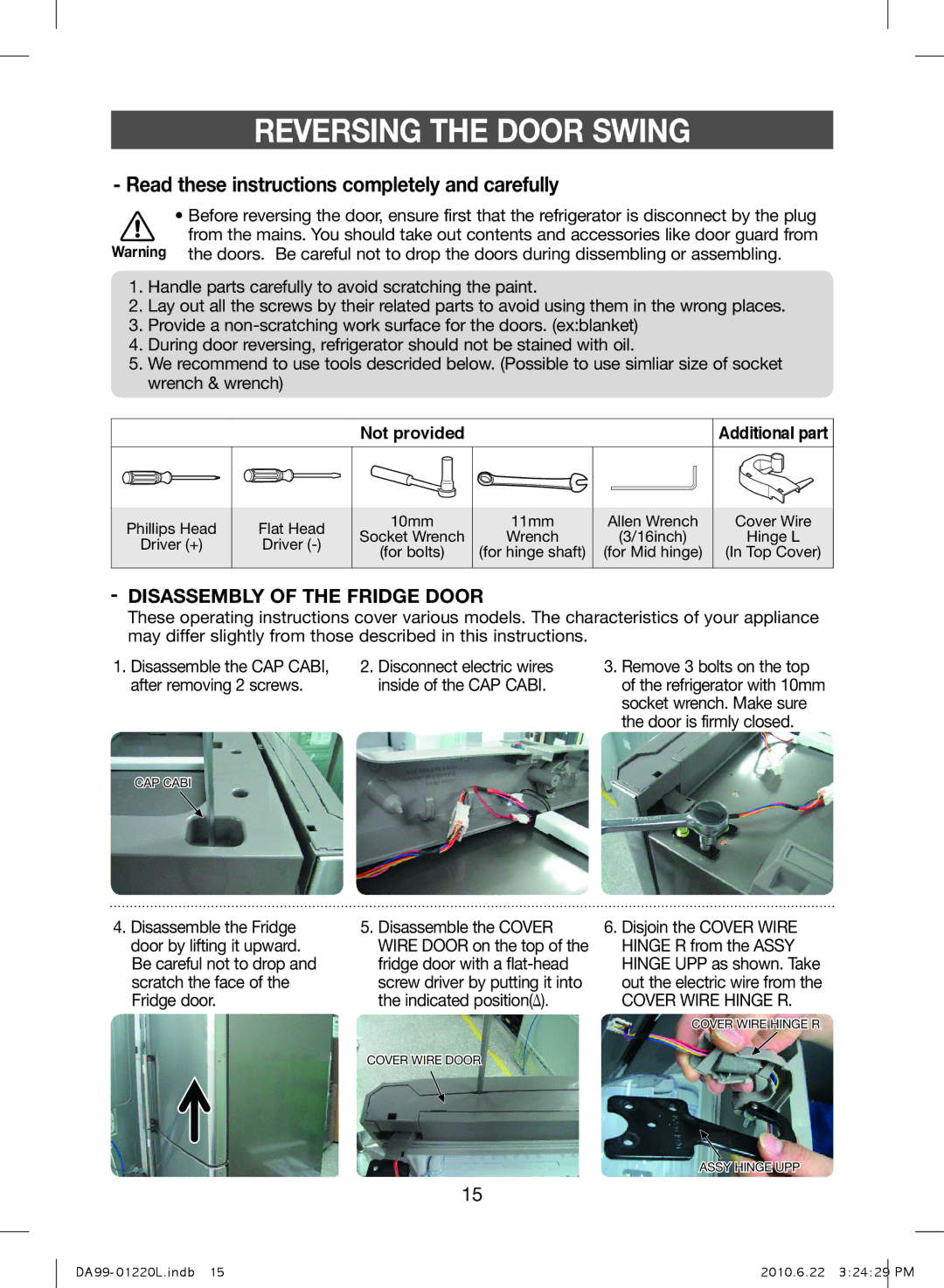 Samsung RL41WCPS1/BUL Reversing the Door Swing, After removing 2 screws Inside of the CAP Cabi, Door is firmly closed 