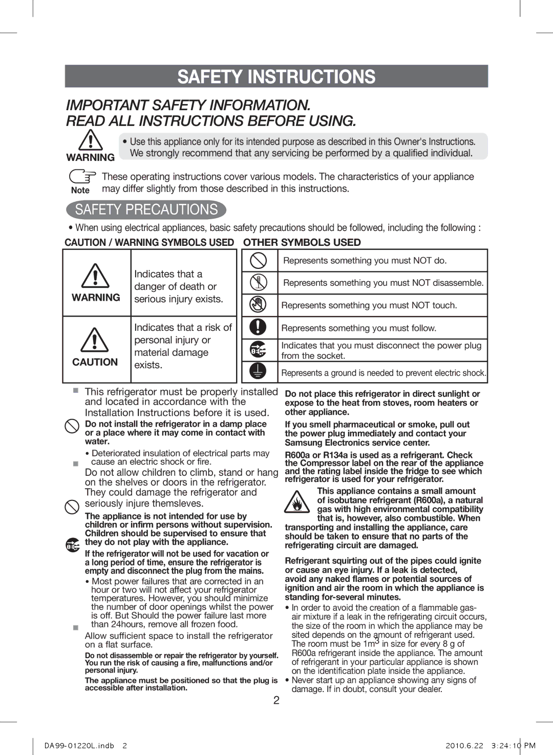 Samsung RL41WCSW1/BUL, RL41WCSW1/ELA, RL41WCPS1/ELA manual Safety Instructions, Personal injury or Material damage Exists 