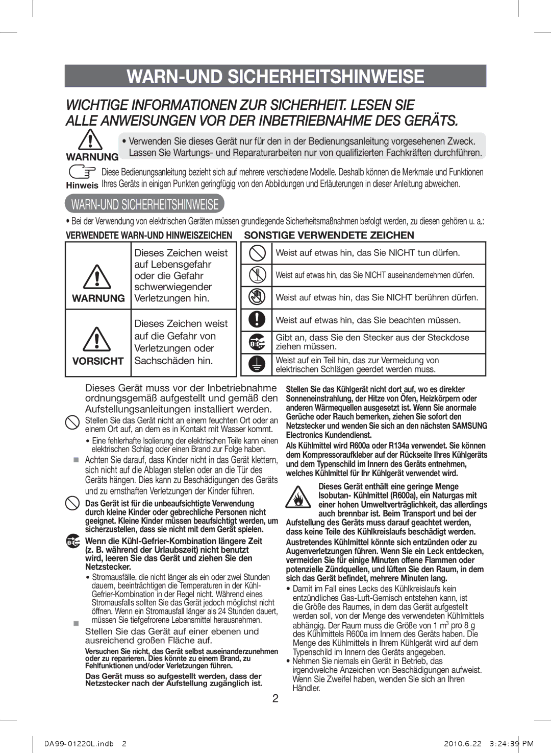 Samsung RL41WCSW1/ELA WARN-UND Sicherheitshinweise, Warnung Verletzungen hin, Verletzungen oder Vorsicht Sachschäden hin 