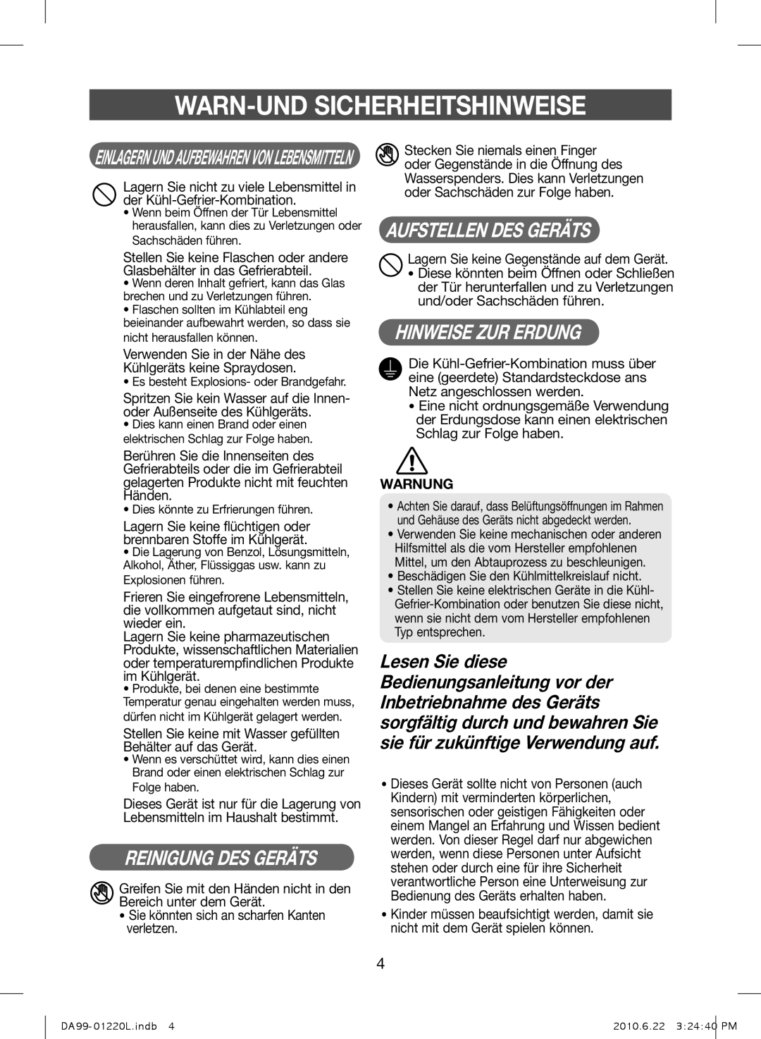 Samsung RL41WCSW1/BUL, RL41WCSW1/ELA, RL41WCPS1/ELA manual Aufstellen DES Geräts, Dieses Gerät sollte nicht von Personen auch 