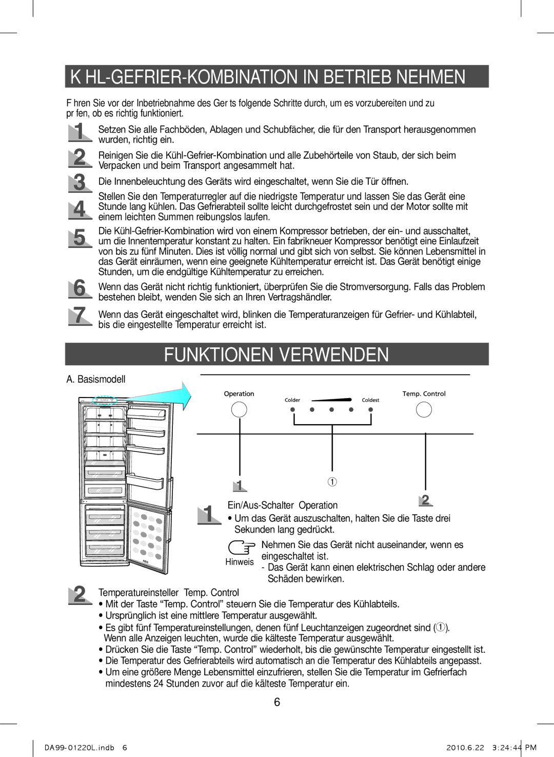 Samsung RL41WCPS1/BUL Funktionen Verwenden, Basismodell Ein/Aus-Schalter Operation, Temperatureinsteller Temp. Control 