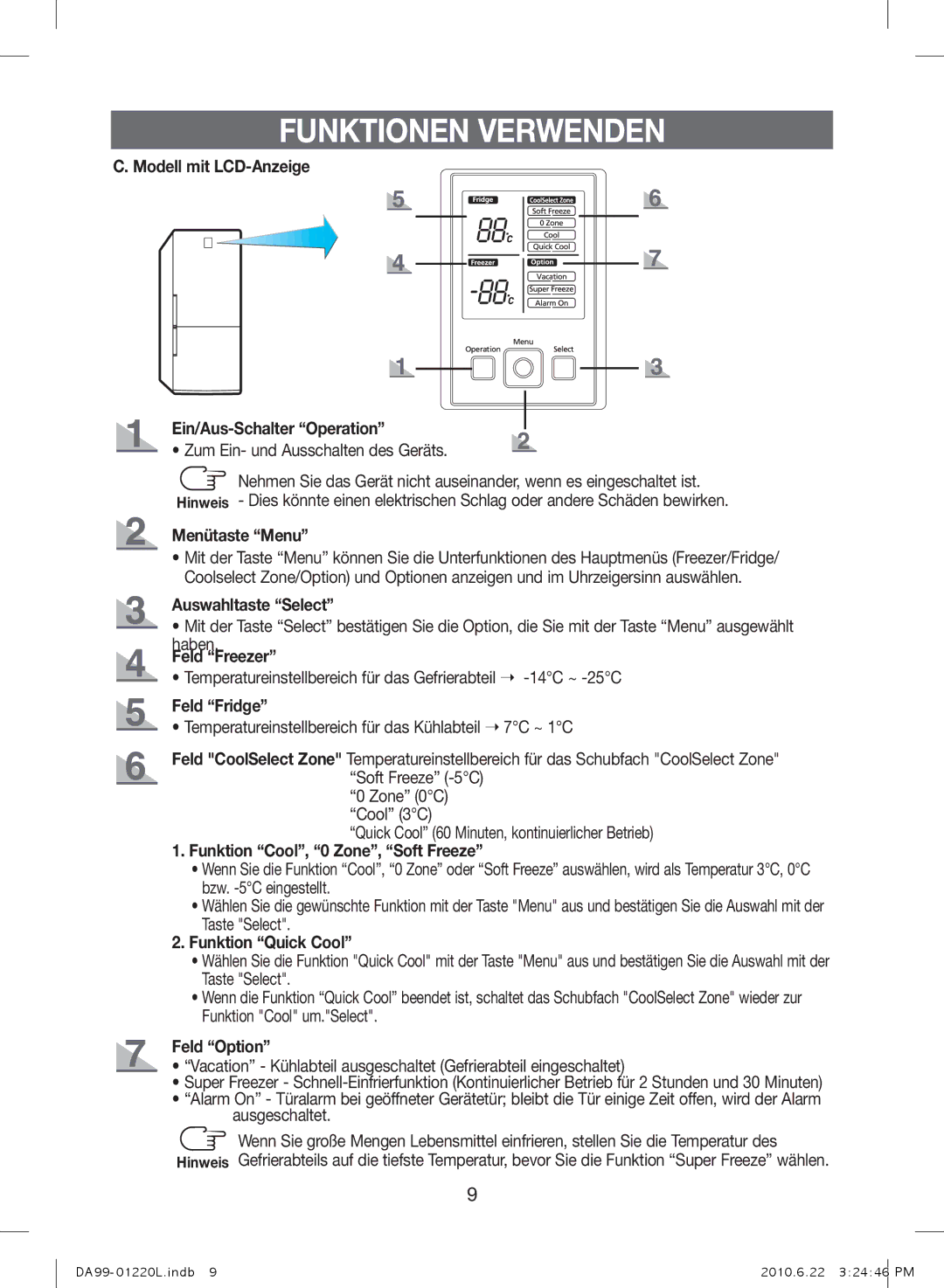 Samsung RL44WCPS1/BUL Modell mit LCD-Anzeige Ein/Aus-Schalter Operation, Menütaste Menu, Auswahltaste Select, Feld Freezer 