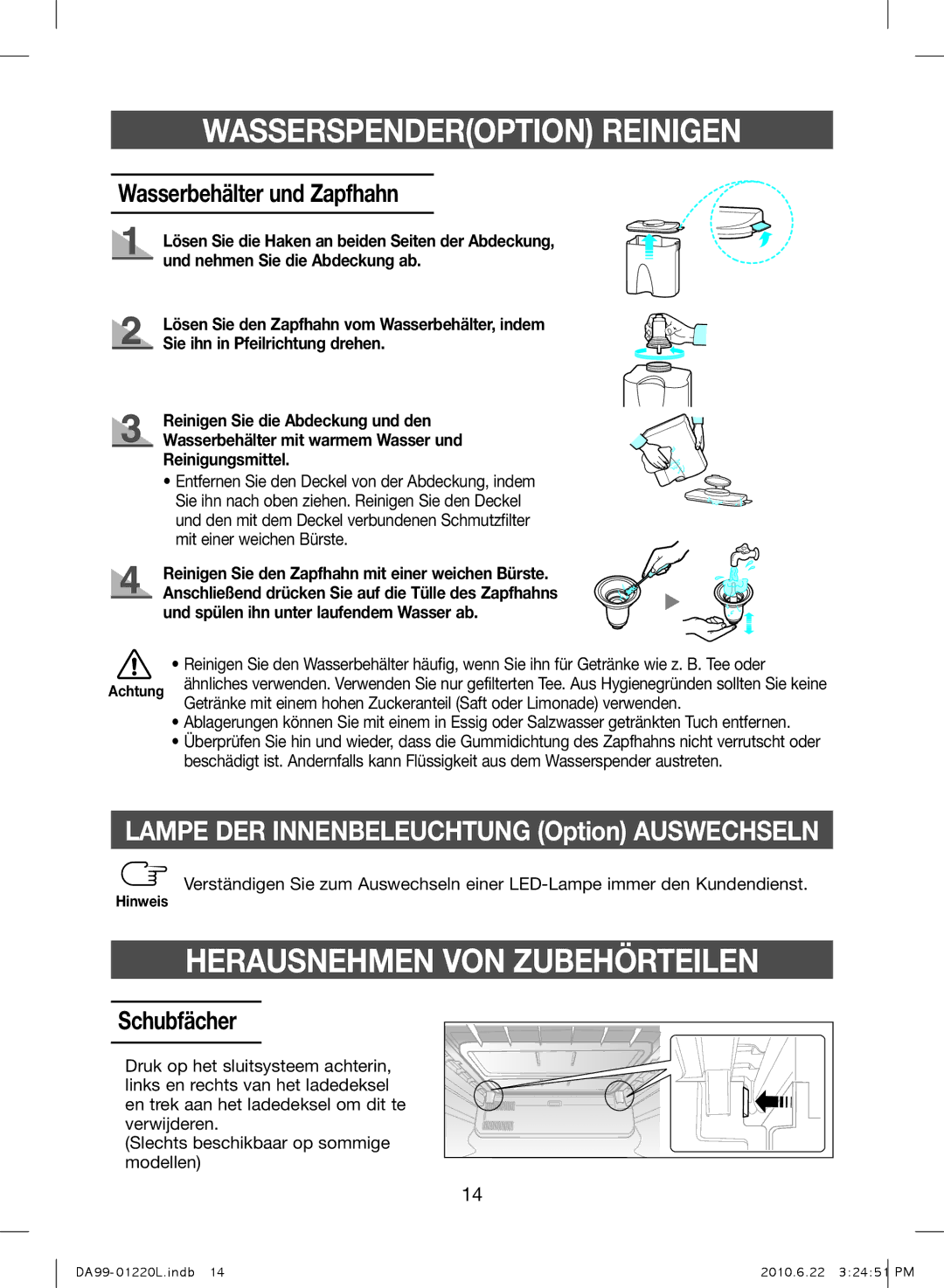 Samsung RL41WCPS1/ELA manual Wasserspenderoption Reinigen, Herausnehmen VON Zubehörteilen, Wasserbehälter und Zapfhahn 