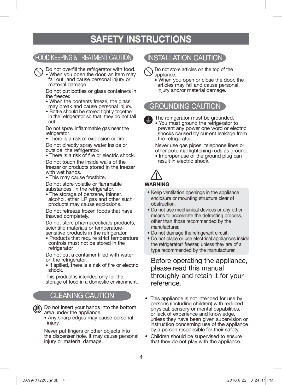 Samsung RL41WCPS1/BUL manual Food Keeping & Treatment Caution, Do not refreeze frozen foods that have thawed completely 