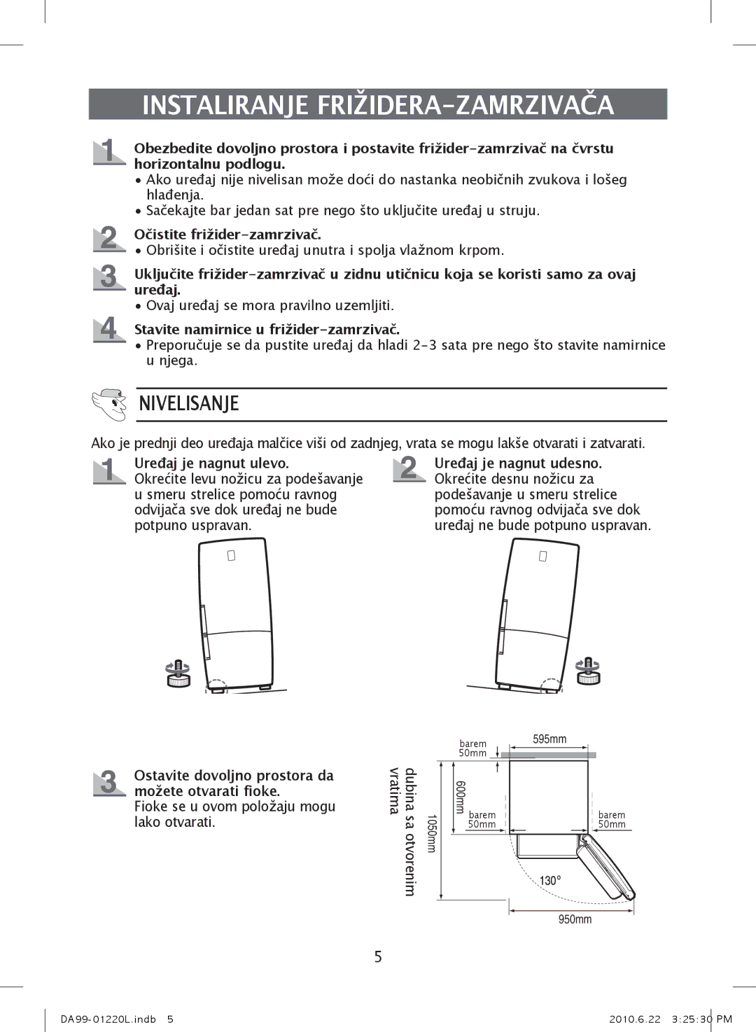 Samsung RL38ECPS1/XEN, RL41WCSW1/ELA, RL41WCPS1/ELA, RL41WCSW1/BUL manual Instaliranje FRIŽIDERA-ZAMRZIVAČA, Nivelisanje 