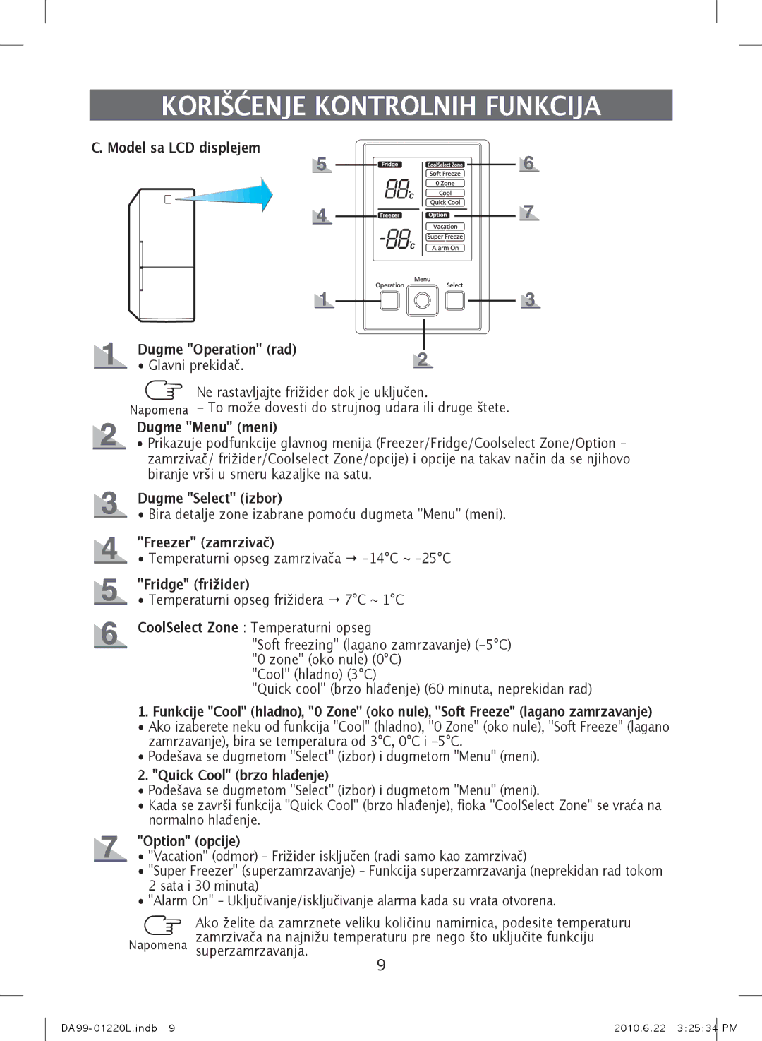 Samsung RL38SBPS1/BUL Model sa LCD displejem Dugme Operation rad, Dugme Menu meni, Dugme Select izbor, Freezer zamrzivač 