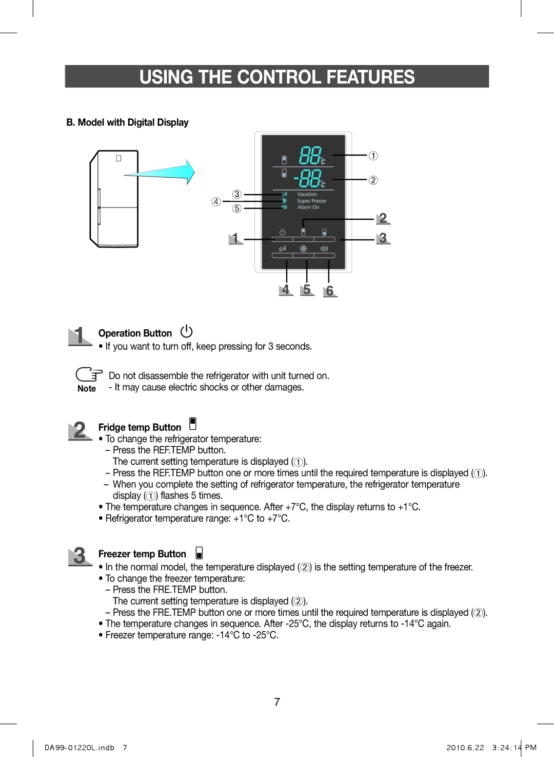 Samsung RL44WCPS1/BUL, RL41WCSW1/ELA, RL41WCPS1/ELA Model with Digital Display, Fridge temp Button, Freezer temp Button 