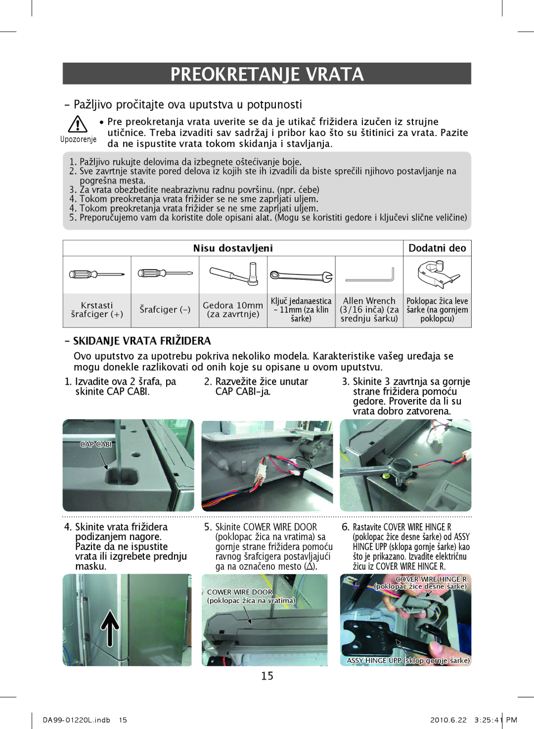 Samsung RL44WGTB1/BUL, RL41WCSW1/ELA, RL41WCPS1/ELA, RL41WCSW1/BUL manual Preokretanje Vrata, Nisu dostavljeni Dodatni deo 