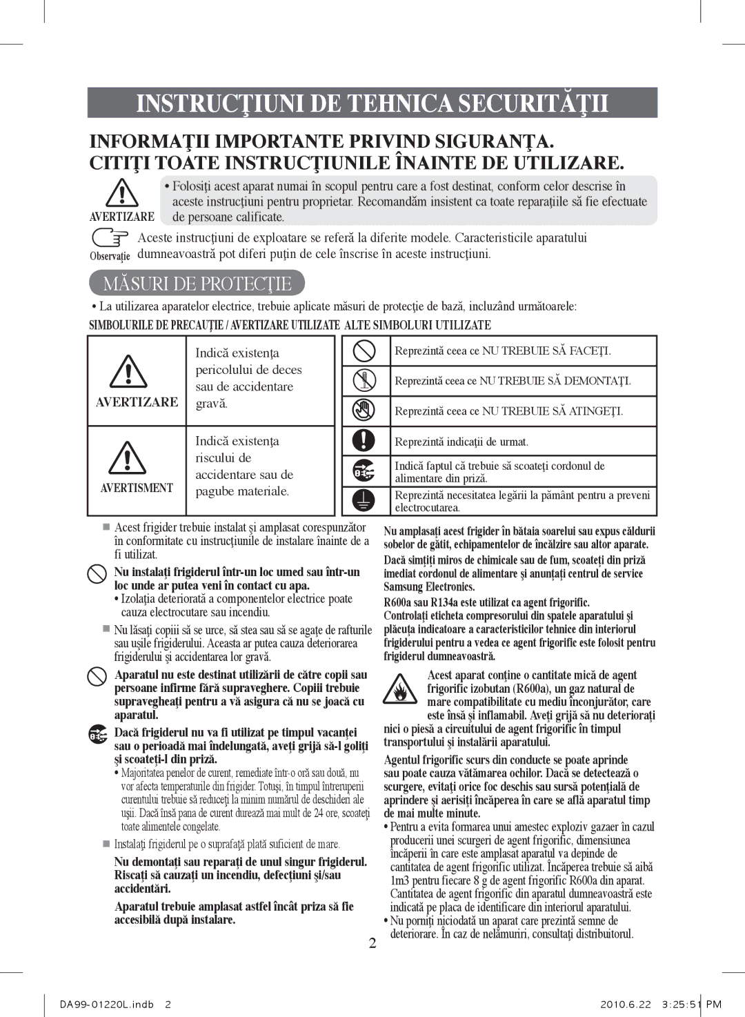 Samsung RL41ECPS1/BUL, RL41WCSW1/ELA, RL41WCPS1/ELA, RL41WCSW1/BUL, RL38SBPS1/BUL manual Instrucţiuni DE Tehnica Securităţii 