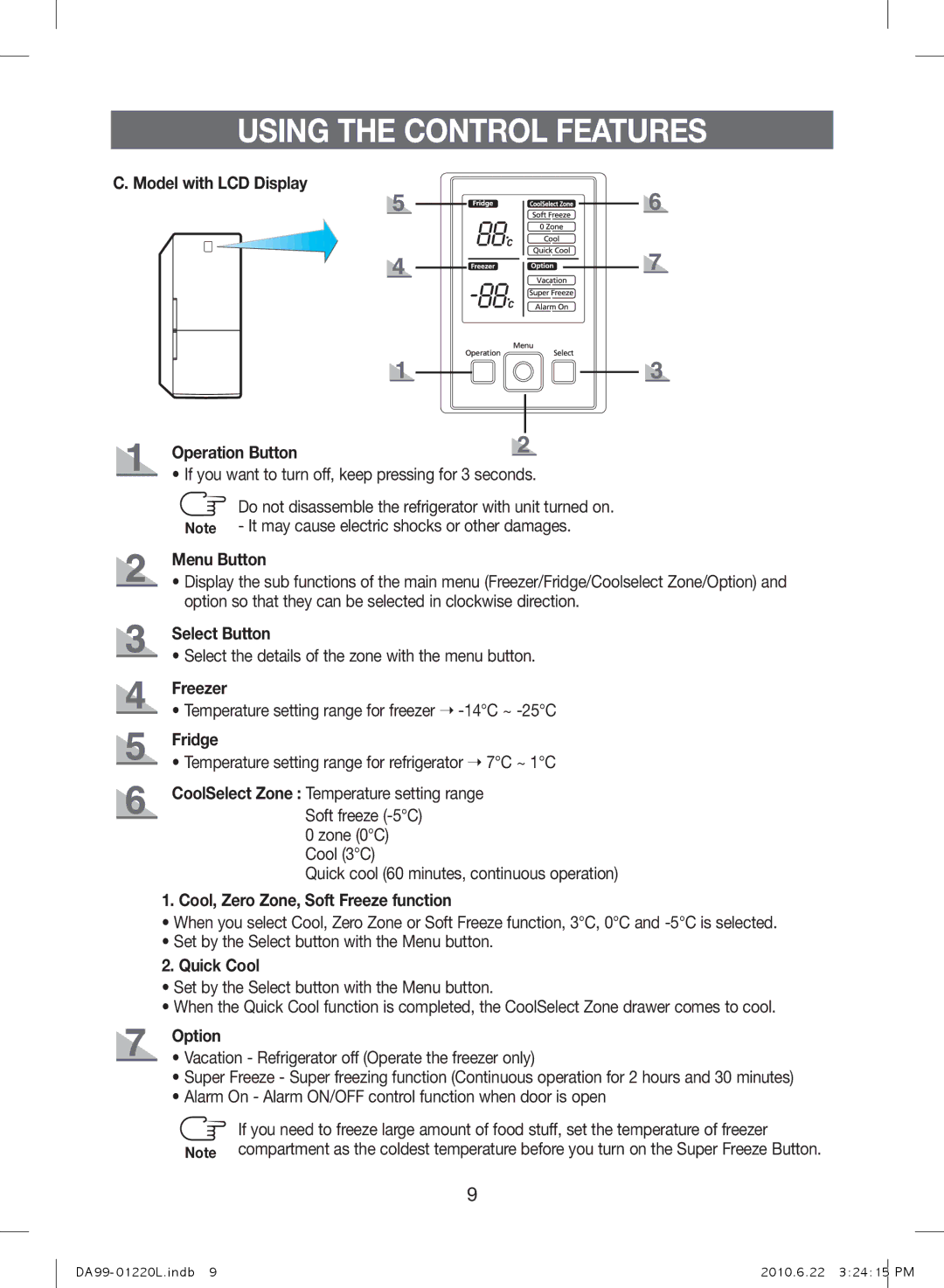 Samsung RL44WGTB1/BUL Model with LCD Display Operation Button, Menu Button, Select Button, Freezer, Fridge, Quick Cool 