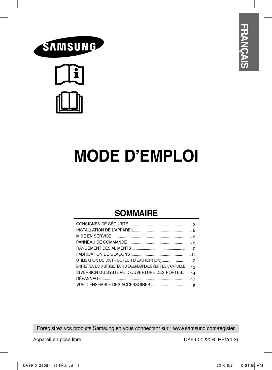 Samsung RL41PTIH1/XEF, RL41WCSW1/XEF, RL41ECSW1/XEF manual Français, Appareil en pose libre DA99-01220B REV1.3 