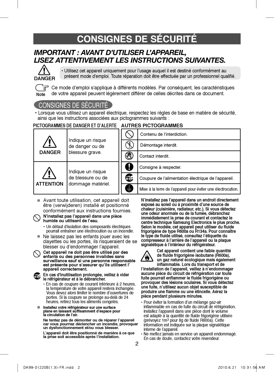 Samsung RL41ECSW1/XEF manual Consignes DE Sécurité, Indique un risque, De danger ou de, Blessure grave, De blessure ou de 