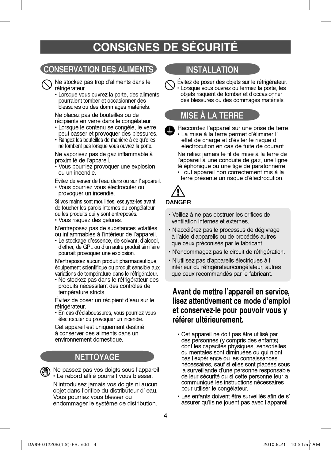 Samsung RL41ECTB1/XEF Ne stockez pas trop d’aliments dans le réfrigérateur, Raccordez l’appareil sur une prise de terre 