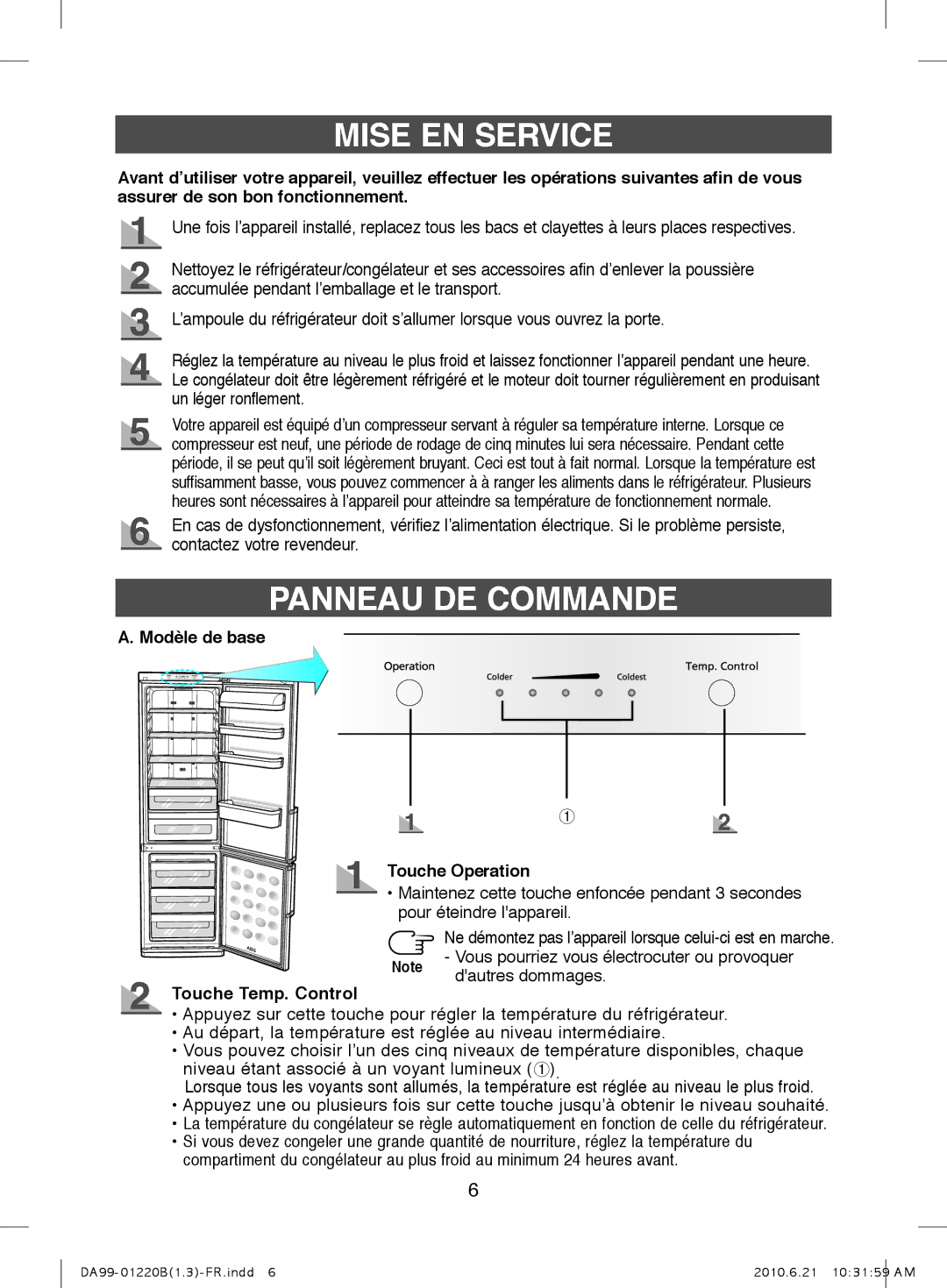 Samsung RL38HCPS2/XEF manual Mise EN Service, Panneau DE Commande, Modèle de base Touche Operation, Touche Temp. Control 