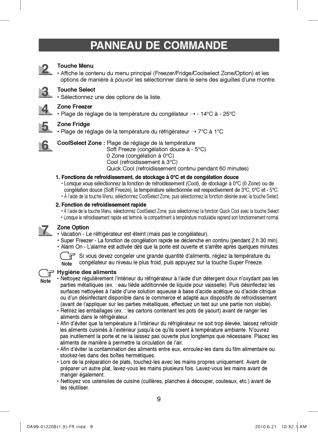 Samsung RL41ECPS1/XEF manual Touche Menu, Touche Select, Zone Freezer, Zone Fridge, Fonction de refroidissement rapide 