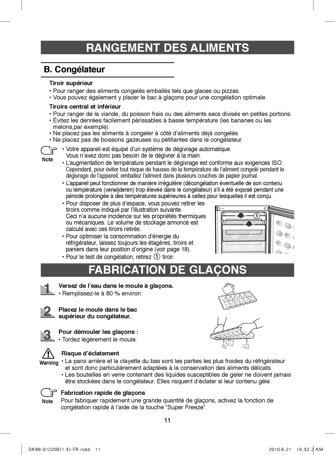 Samsung RL38ECSW1/XEF manual Fabrication De Glaçons, B. Congélateur, Tiroir supérieur, Tiroirs central et inférieur 