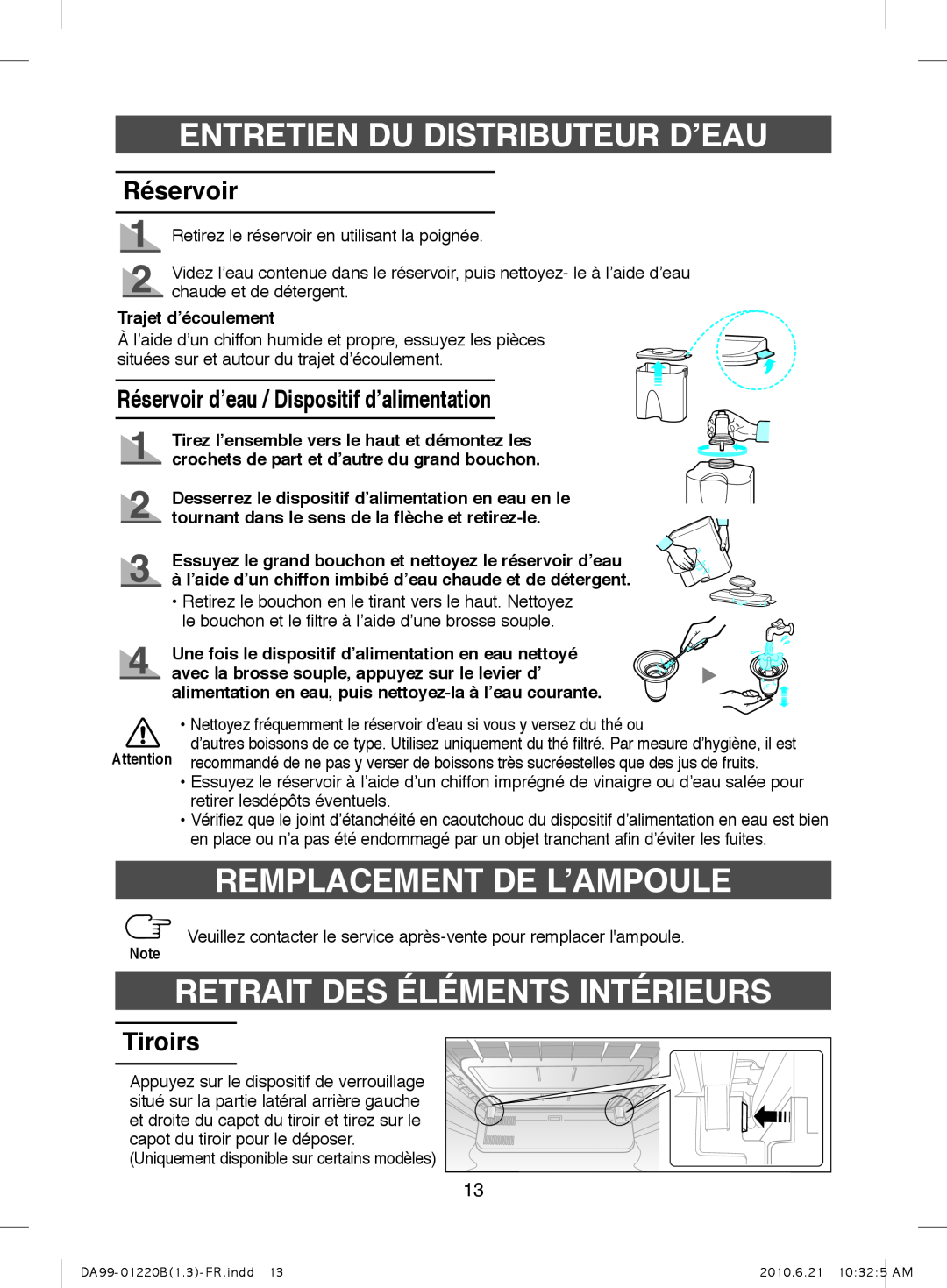 Samsung RL41WCIS1/XEF Entretien Du Distributeur D’Eau, Remplacement De L’Ampoule, Retrait Des Éléments Intérieurs, Tiroirs 