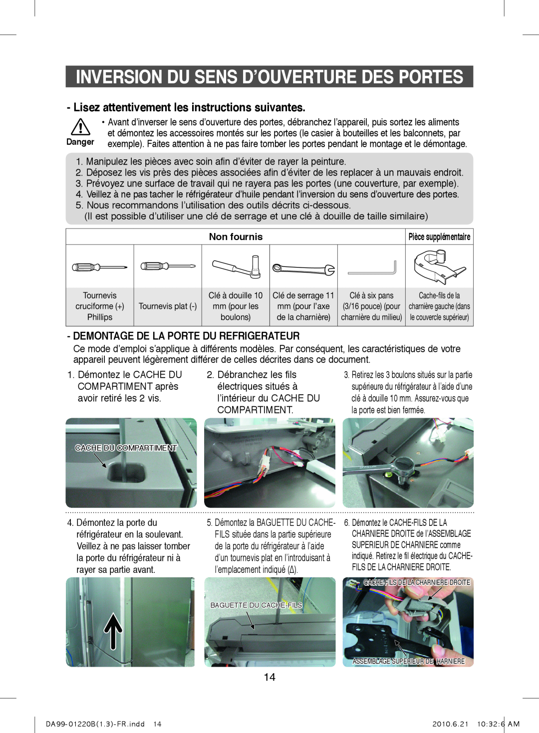 Samsung RL41WCPS1/XEF manual Inversion Du Sens D’Ouverture Des Portes, Demontage De La Porte Du Refrigerateur, Non fournis 