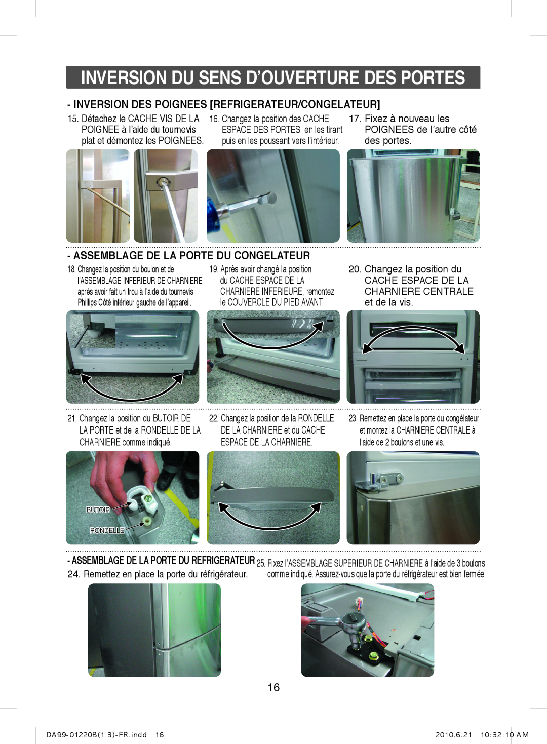 Samsung RL41PCSW1/XEF manual Inversion Des Poignees Refrigerateur/Congelateur, Assemblage De La Porte Du Congelateur 