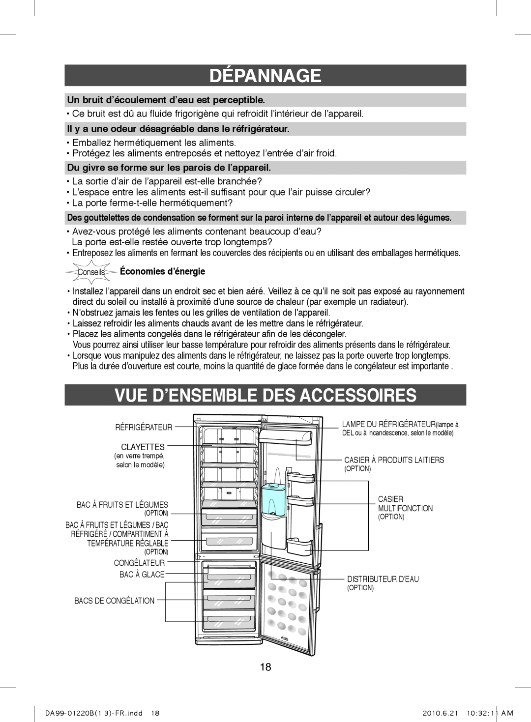 Samsung RL41PCPS1/XEF manual Vue D’Ensemble Des Accessoires, Un bruit d’écoulement d’eau est perceptible, Dépannage 