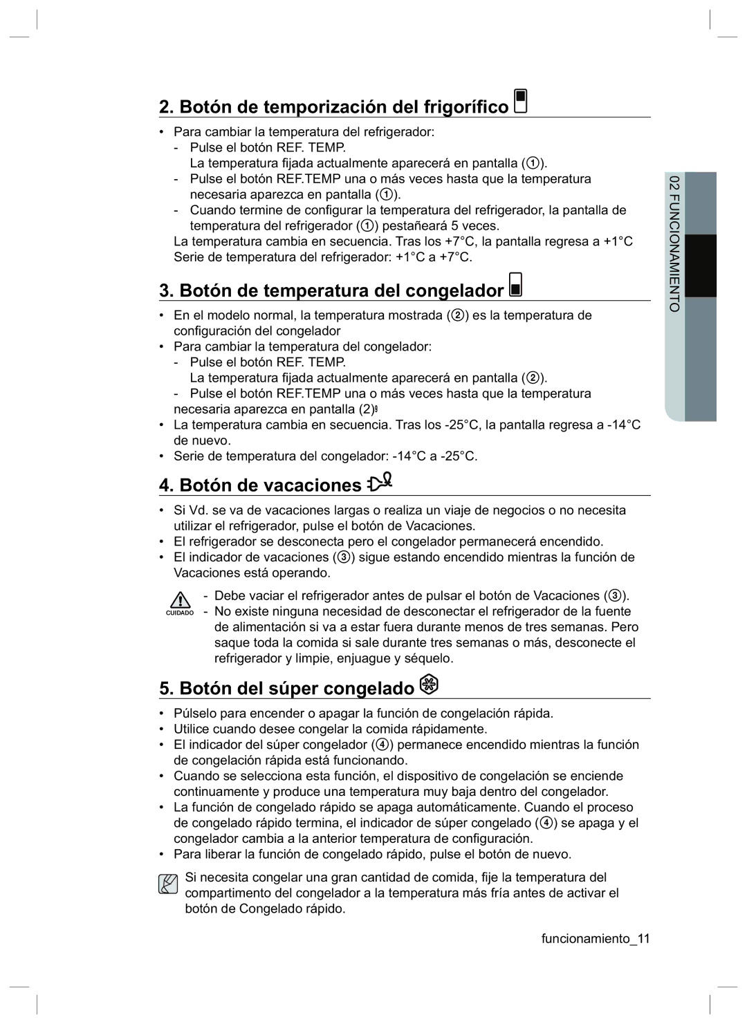 Samsung RL40EGPS1/XES Botón de temporización del frigoríﬁco, Botón de temperatura del congelador, Botón de vacaciones 