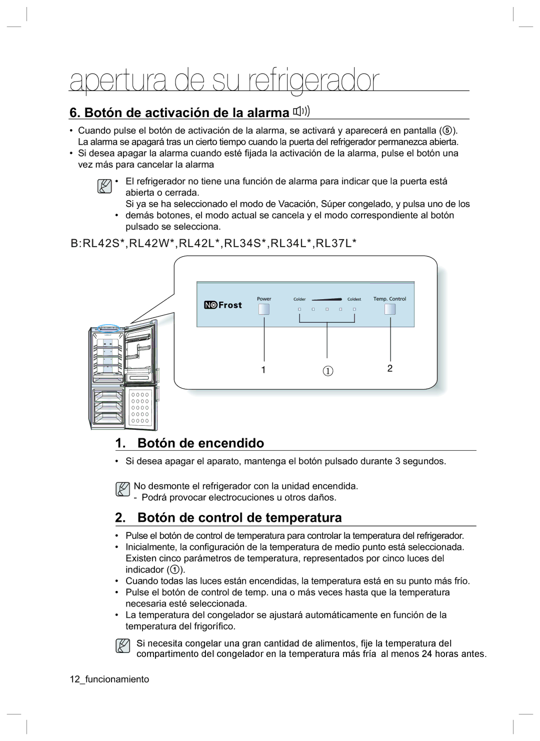 Samsung RL42HCVG1/XES, RL42LCSW1/XES Botón de activación de la alarma, Botón de encendido, Botón de control de temperatura 