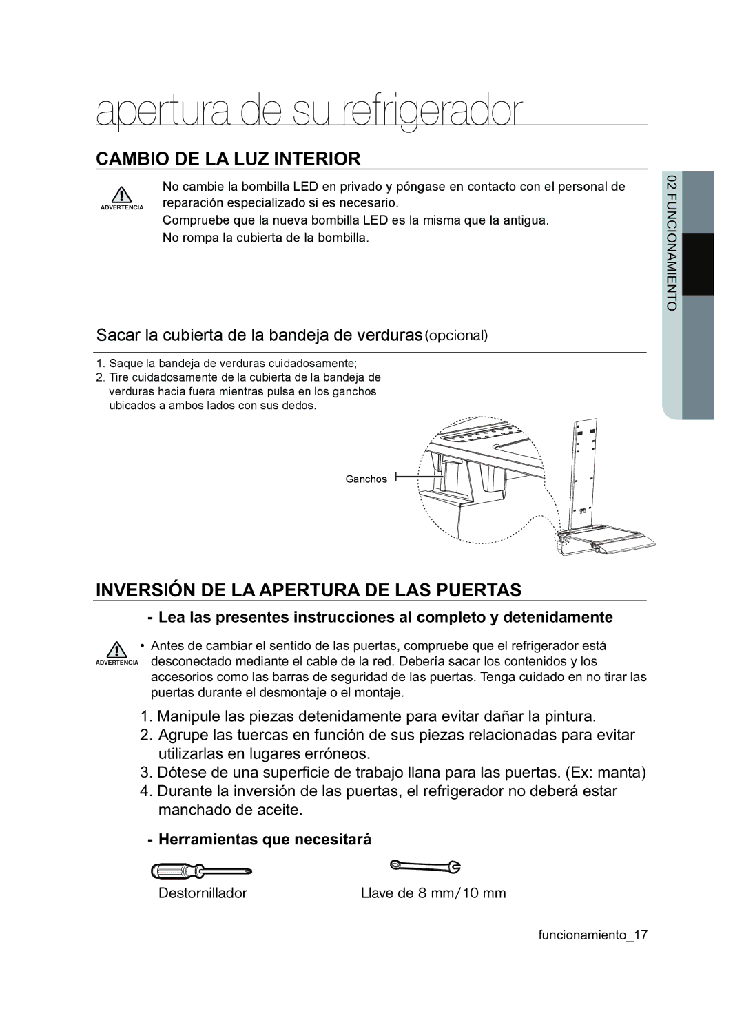 Samsung RL40EGPS1/XES Cambio DE LA LUZ Interior, Inversión DE LA Apertura DE LAS Puertas, Herramientas que necesitará 