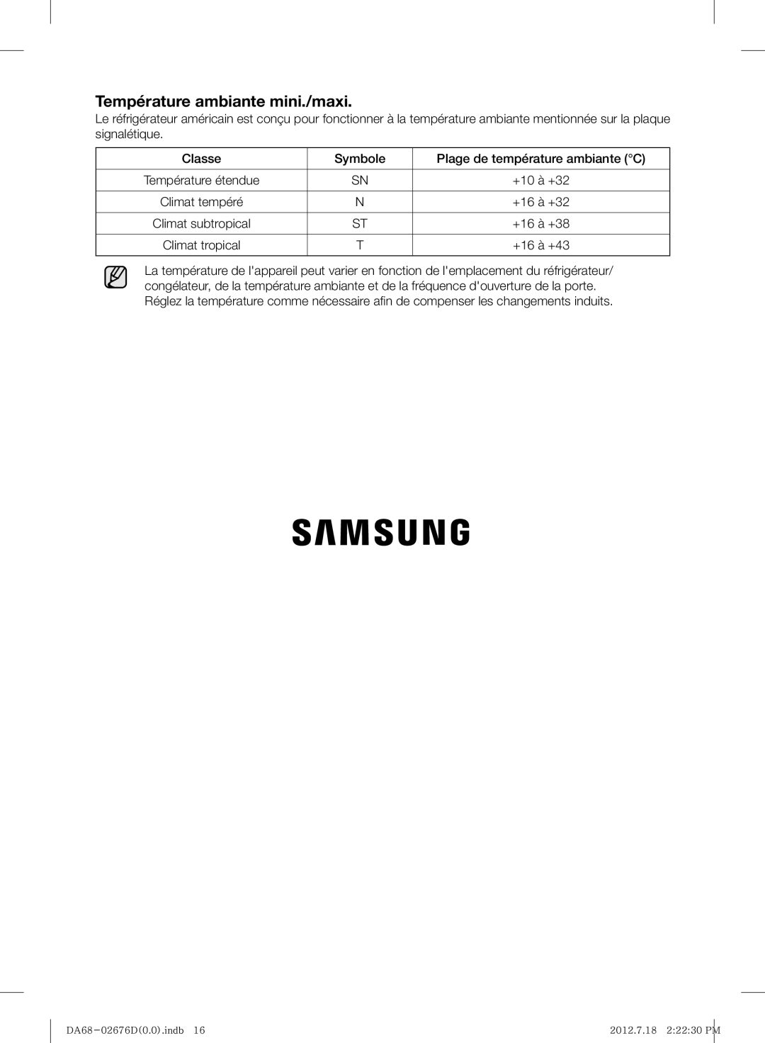 Samsung RL4353FBASL/EF manual Température ambiante mini./maxi 