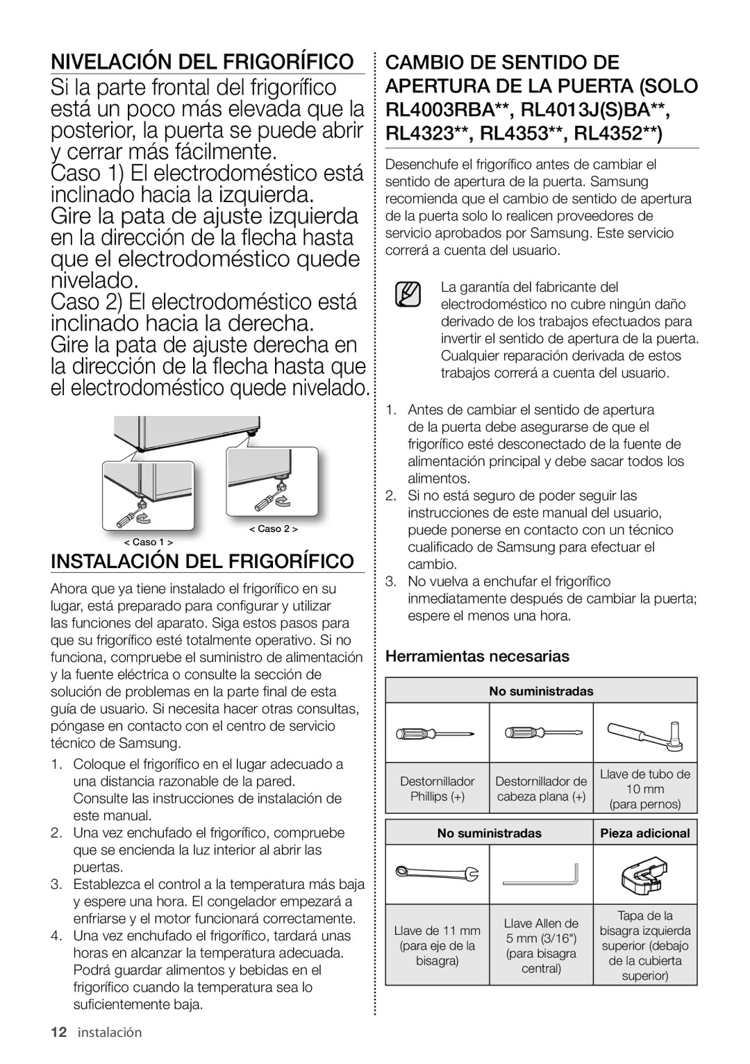 Samsung RL4363FBASL/EF, RL4352LBASP/EF, RL4352LBAWW/EF, RL4352FBASL/EF manual Nivelación DEL Frigorífico 