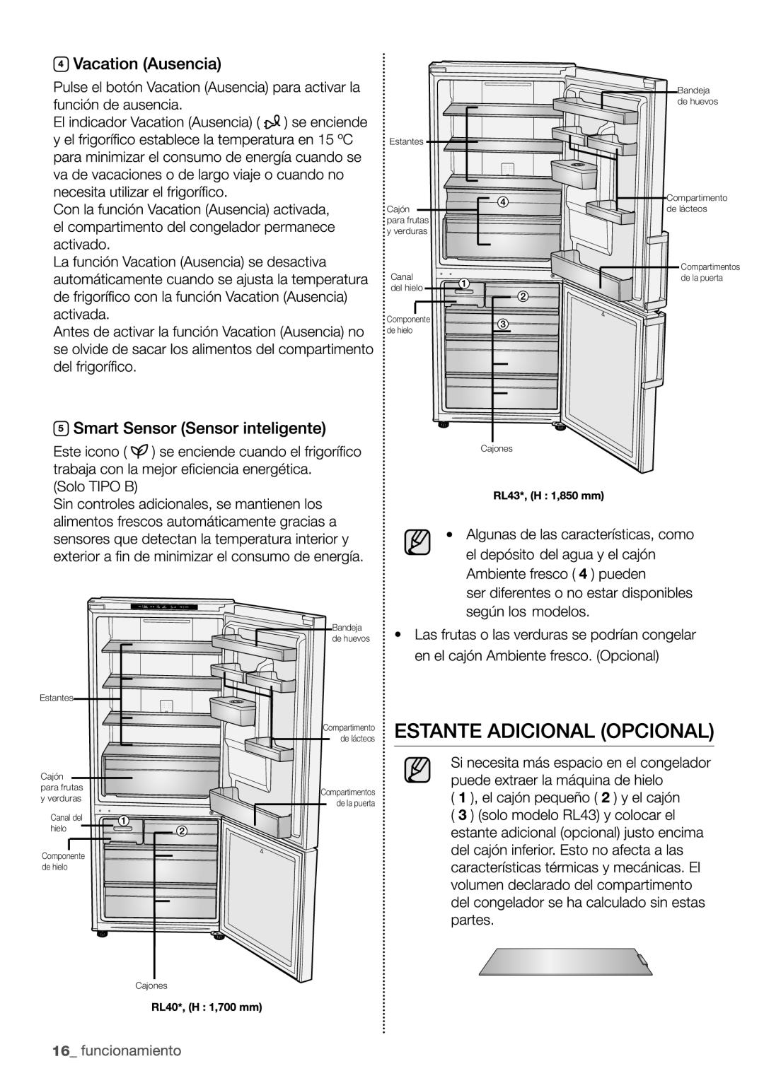 Samsung RL4363FBASL/EF, RL4352LBASP/EF, RL4352LBAWW/EF, RL4352FBASL/EF Estantes Cajón para frutas y verduras Canal del hielo 