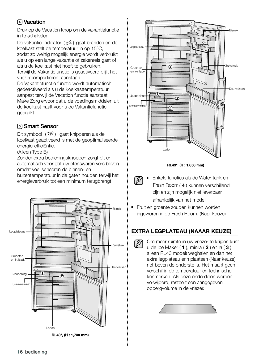 Samsung RL4363FBASL/EF, RL4352LBASP/EF, RL4352LBAWW/EF, RL4352FBASL/EF manual Extra Legplateau Naaar Keuze 