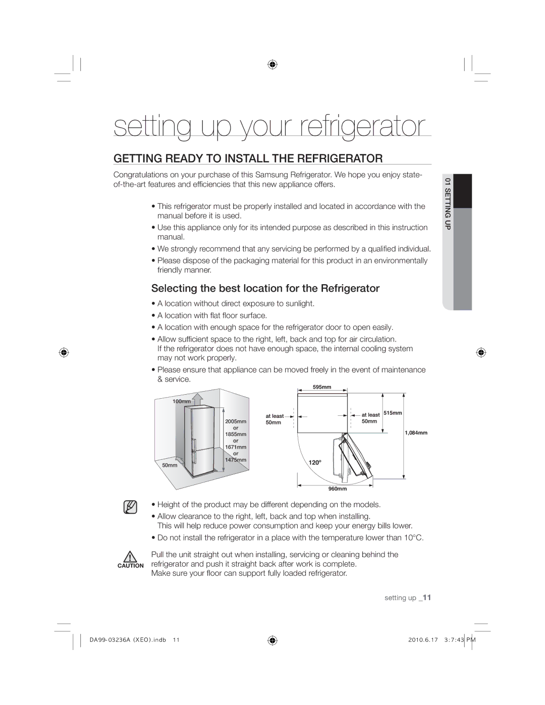 Samsung RL27TDFSW1/XEF manual Getting Ready to Install the Refrigerator, Selecting the best location for the Refrigerator 