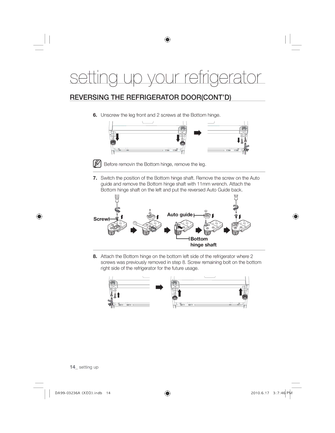 Samsung RL43TGCSW1/XEF, RL43TGCIH1/XEF manual Reversing the Refrigerator DOORCONT’D, $XwrJxlgh, Rwwrp KlqjhVkdiw 