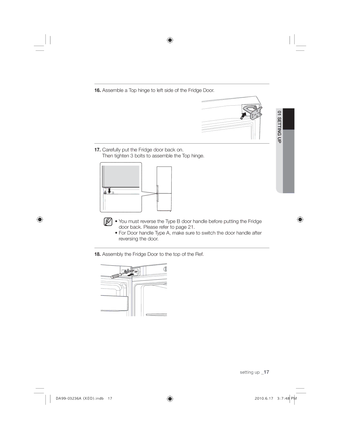 Samsung RL39TRCSW1/XEF, RL43TGCIH1/XEF, RL43TGCSW1/XEF manual 16Assemble a Top hinge to left side of the Fridge Door 