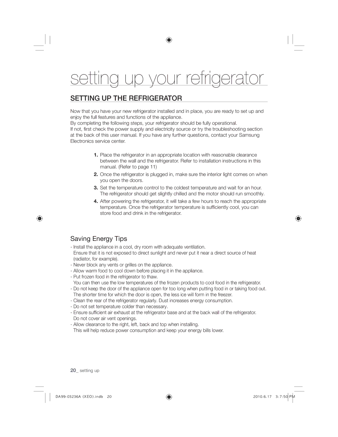 Samsung RL43TGCIH1/XEF, RL39TRCSW1/XEF, RL43TGCSW1/XEF, RL27TDFSW1/XEF manual Setting UP the Refrigerator, Saving Energy Tips 