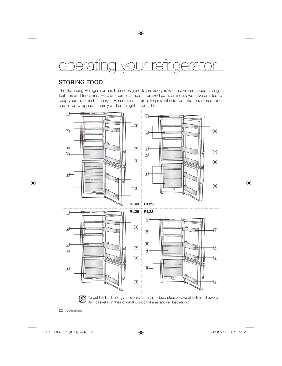 Samsung RL43TGCSW1/XEF, RL43TGCIH1/XEF, RL39TRCSW1/XEF, RL27TDFSW1/XEF manual Storing Food, RL43 RL39 RL29 RL23 