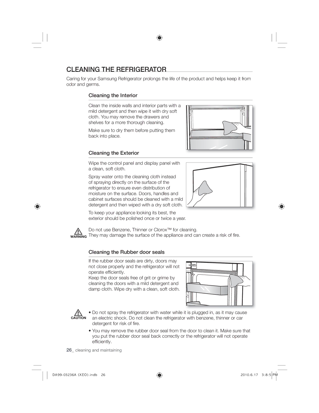 Samsung RL43TGCSW1/XEF, RL43TGCIH1/XEF manual Cleaning the Refrigerator, Do not use Benzene, Thinner or Clorox for cleaning 